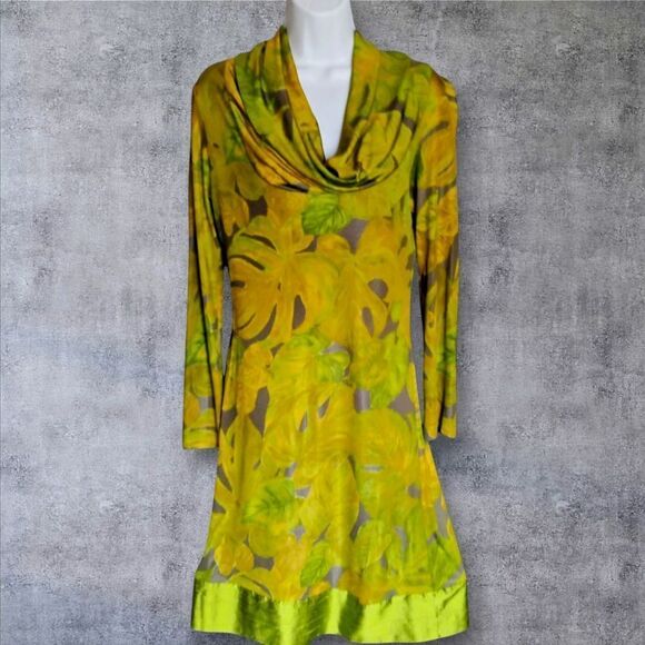 Beautiful 60's Mod Dress Vintage Green/Yellow  Cowl Neckline Size Large - Picture 4 of 11